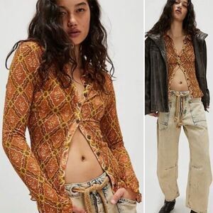 New Free People Top Orange Caught A Feeling Cardi Brown Smocked Long Sleeve S